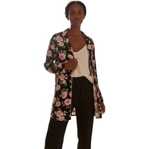 Laura Ashley Floral Button Front Long Sleeve Sleep Shirt in Black/Pink Size L